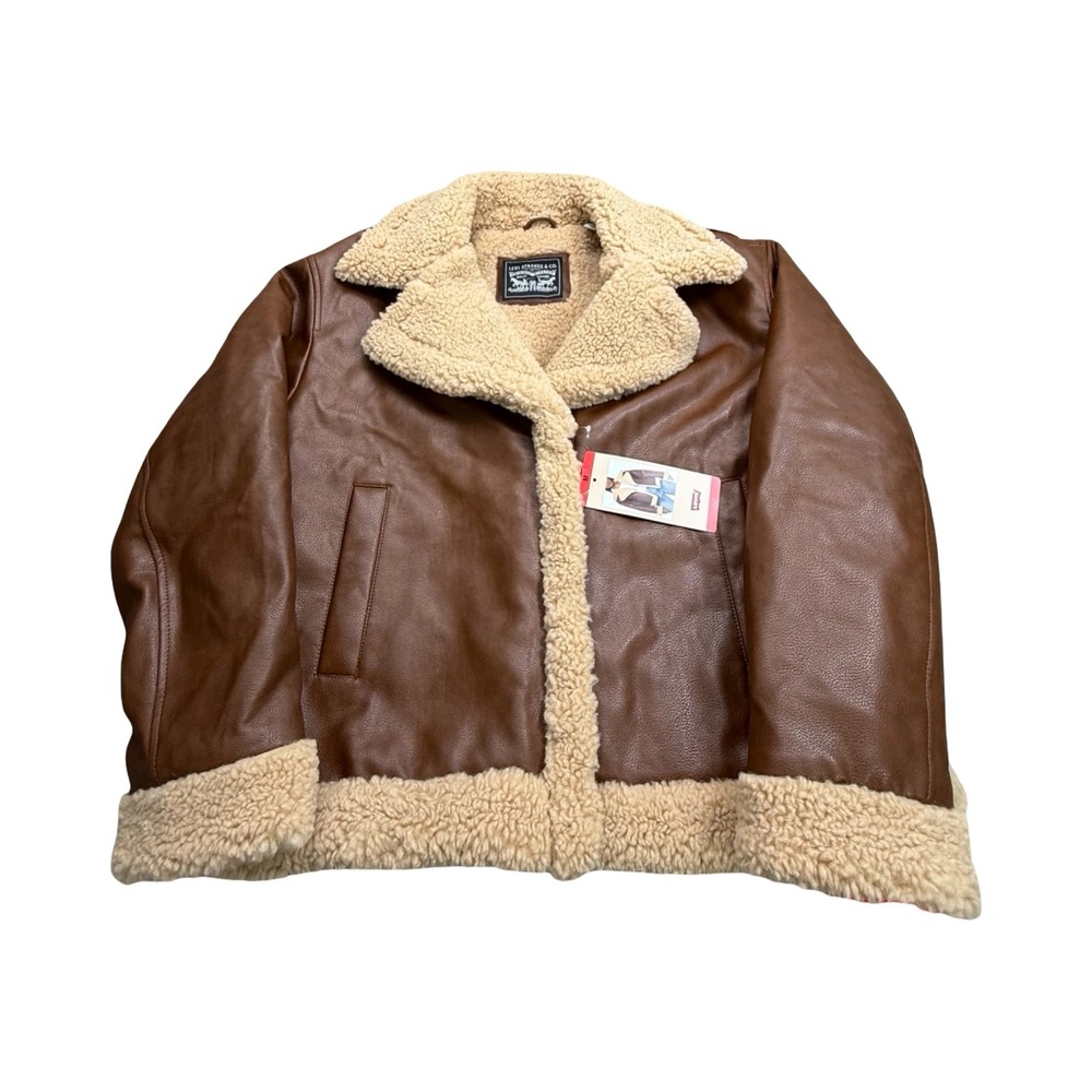Levis Aviator Jacket Womens M Brown Faux Leather Sherpa Lined Western
